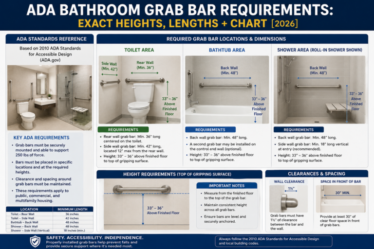 ADA bathroom grab bar requirements showing exact heights, lengths, locations, and clearances