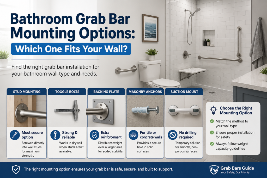 Bathroom grab bar mounting options for different bathroom wall types