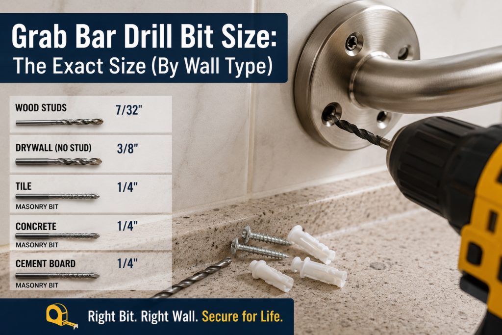 Grab bar drill bit size guide showing the correct drill bit for wood studs, drywall, tile, concrete, and cement board