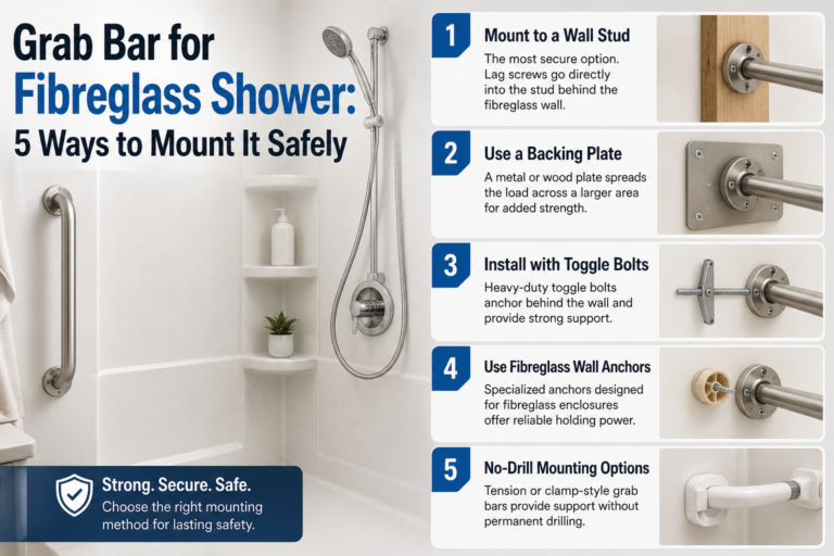 Grab bar for fiberglass shower with 5 safe mounting methods