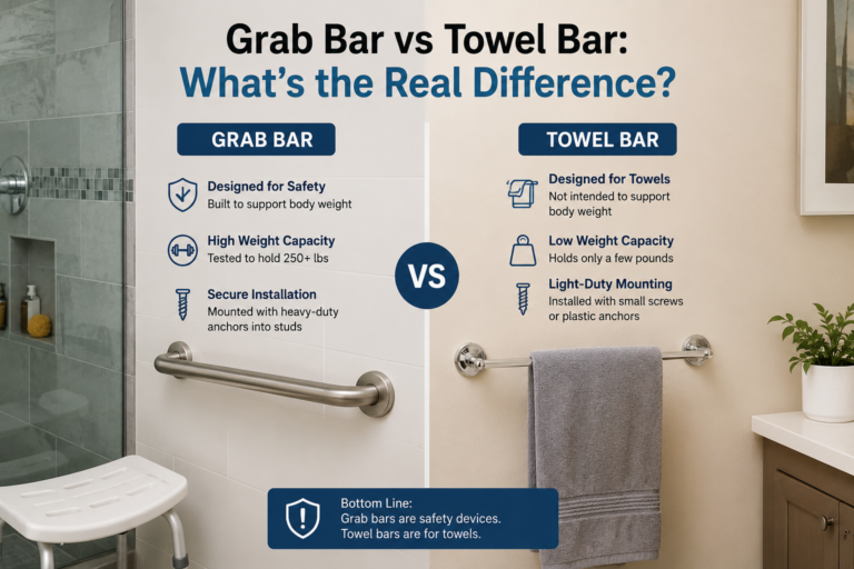 Grab bar vs towel bar comparison in a bathroom