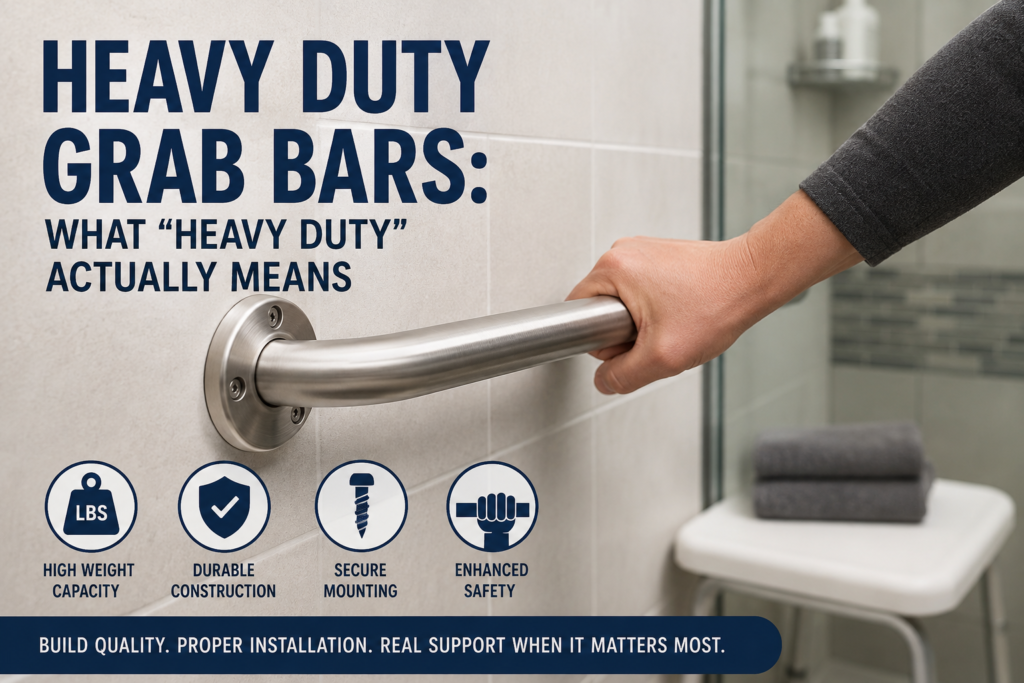 Heavy duty grab bar securely mounted on a bathroom tile wall