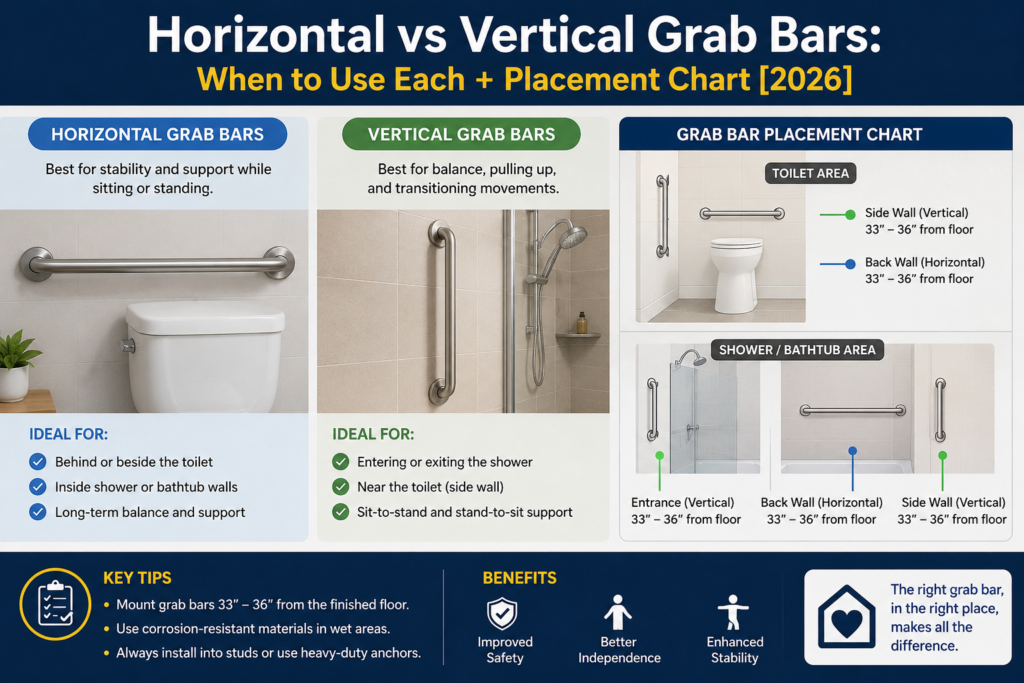 Horizontal vs vertical grab bars showing when to use each and bathroom placement guidelines