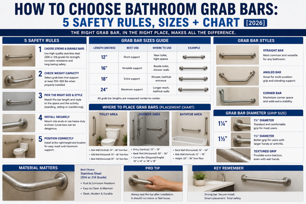 How to choose bathroom grab bars with five safety rules, sizes, styles, and placement chart