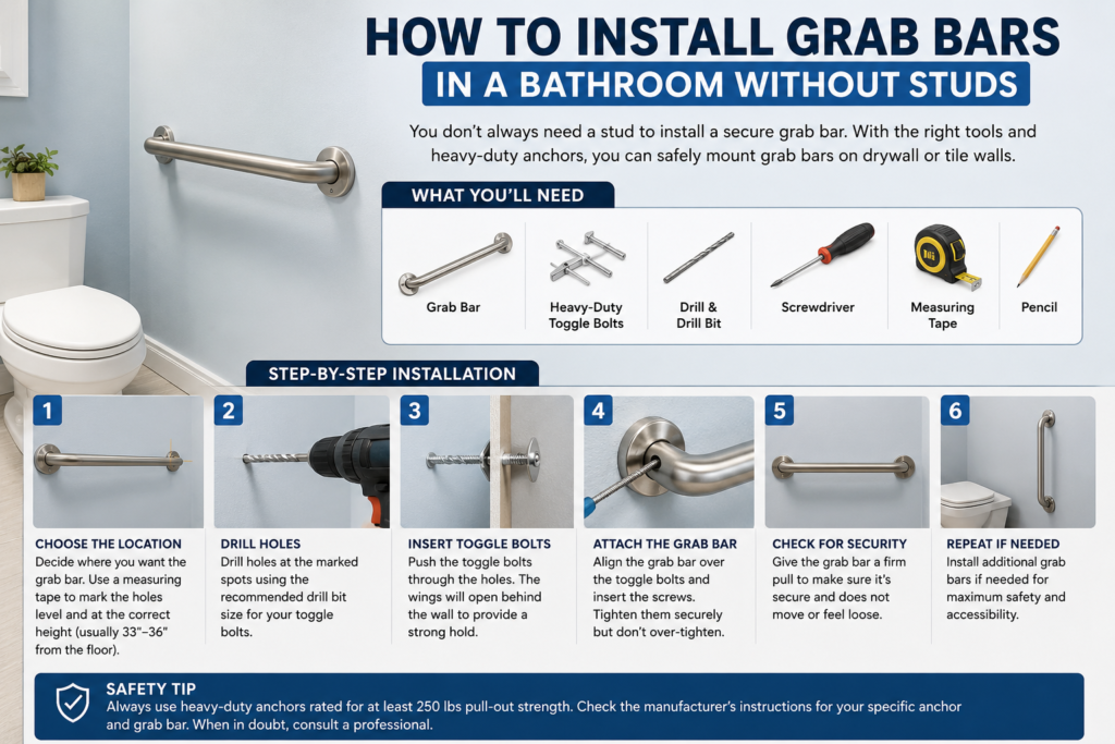 How to install grab bars in a bathroom without studs using heavy-duty wall anchors
