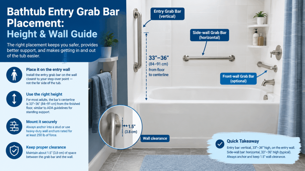 Bathtub entry grab bar placement showing recommended height and wall location