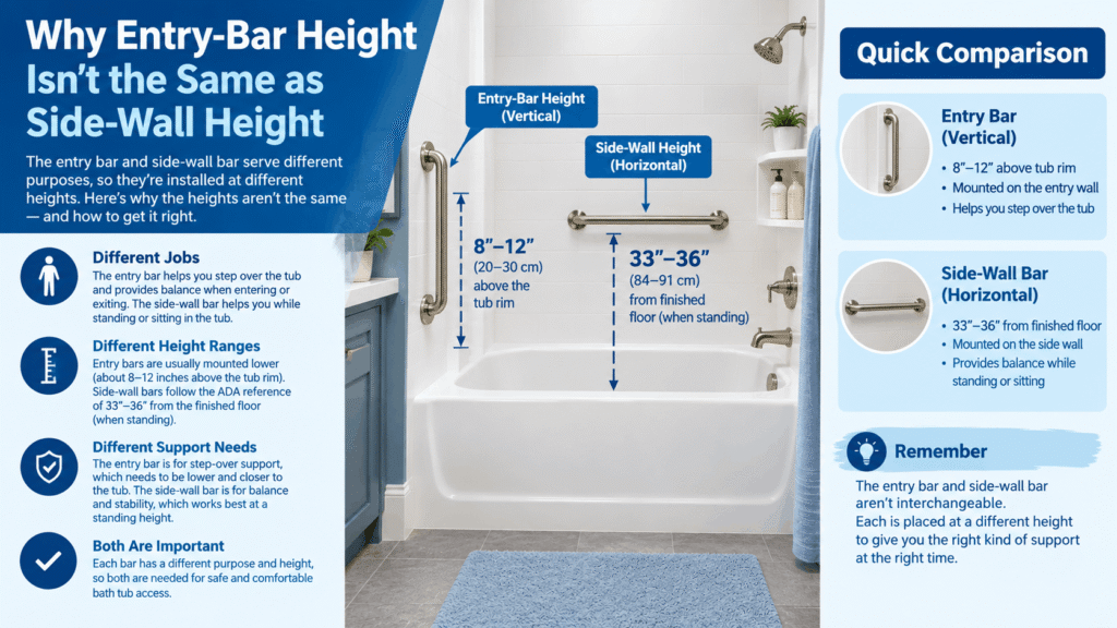 Comparison of bathtub entry bar height and side-wall grab bar height