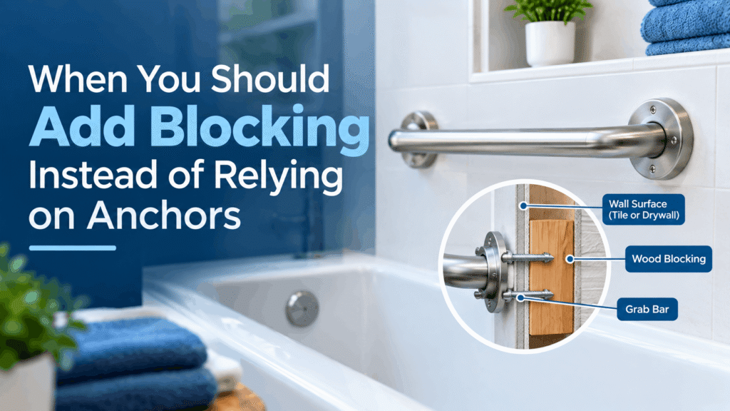 Diagram showing bathroom grab bar installed with wood blocking behind tile wall instead of anchors for secure and safe support