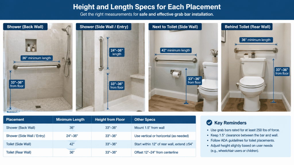 Height and length specifications for grab bars in showers and next to toilets