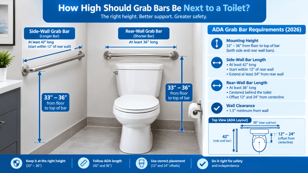 Grab bar height next to toilet showing ADA mounting measurement