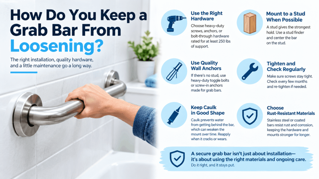 Infographic: 6 ways to keep a bathtub grab bar from loosening, including stud mounting, quality hardware, and regular checks