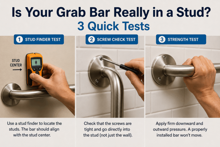 Three quick tests to check if a bathroom grab bar is securely installed in a wall stud