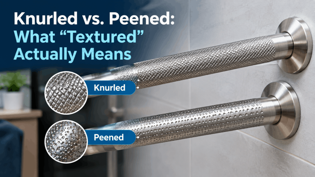 Knurled vs peened textured grab bars showing different surface patterns