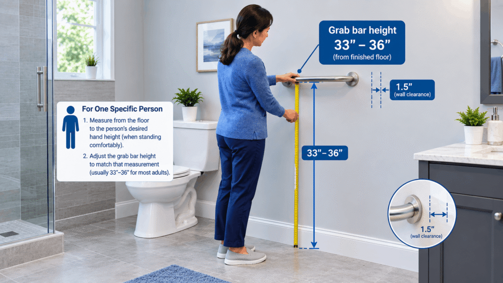 Woman measuring grab bar mounting height from the finished floor