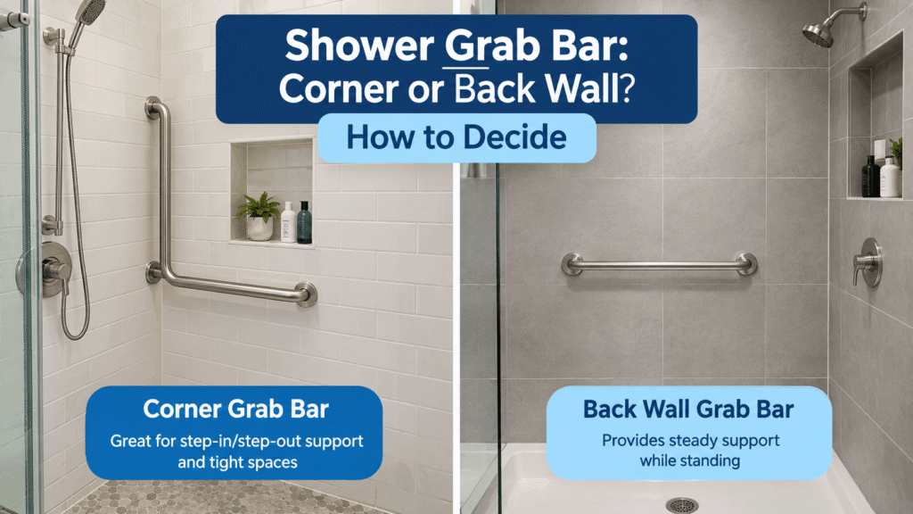Alt Text: Shower grab bar corner or back wall comparison