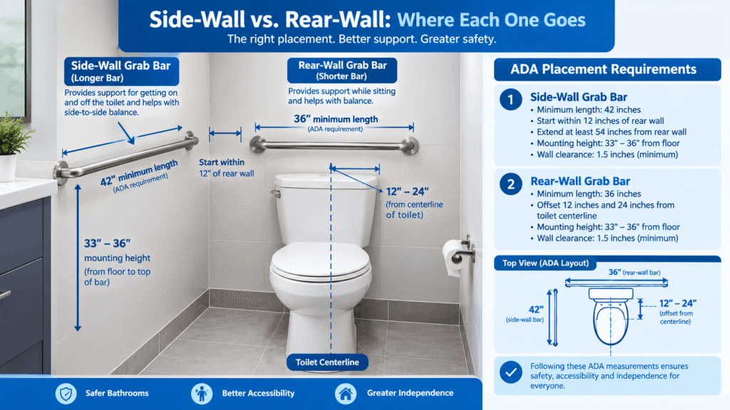 Side-wall vs rear-wall grab bar placement around a toilet