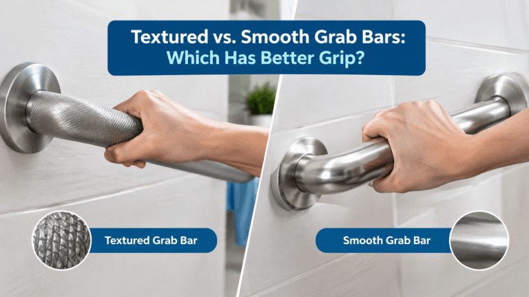Textured vs smooth grab bars showing different grip surfaces in a bathroom