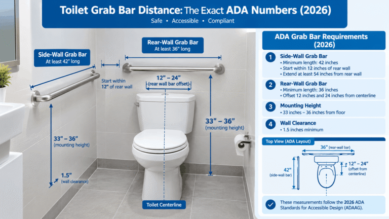 Toilet grab bar distance and ADA placement measurements