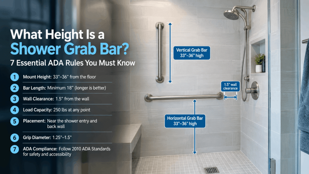 Shower grab bar height with 33–36 inch ADA measurement