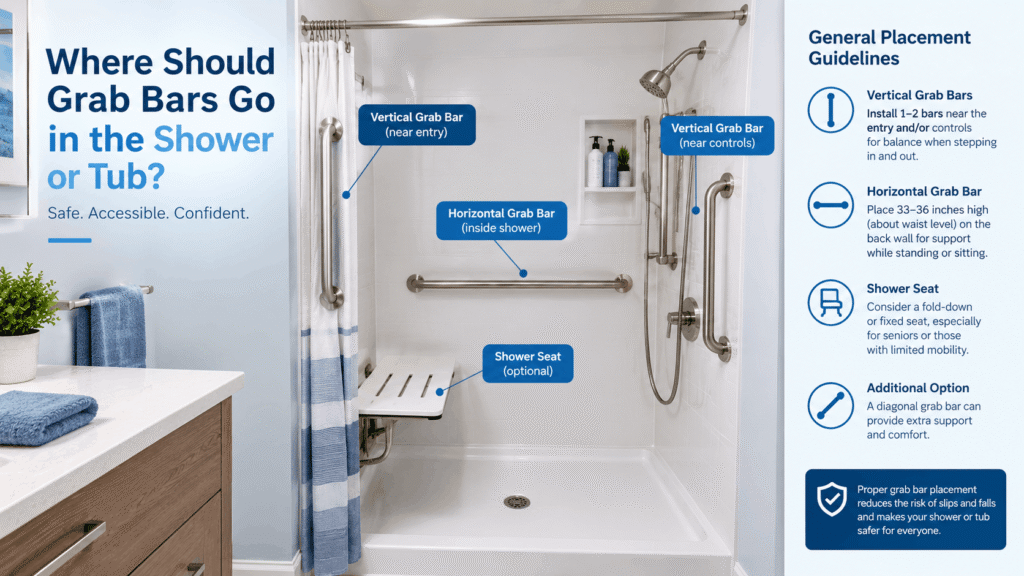 Where grab bars should go in a shower or tub