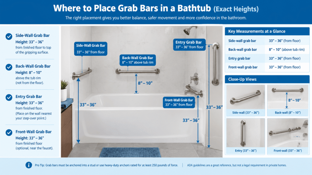 Where to place grab bars in a bathtub with exact height measurements