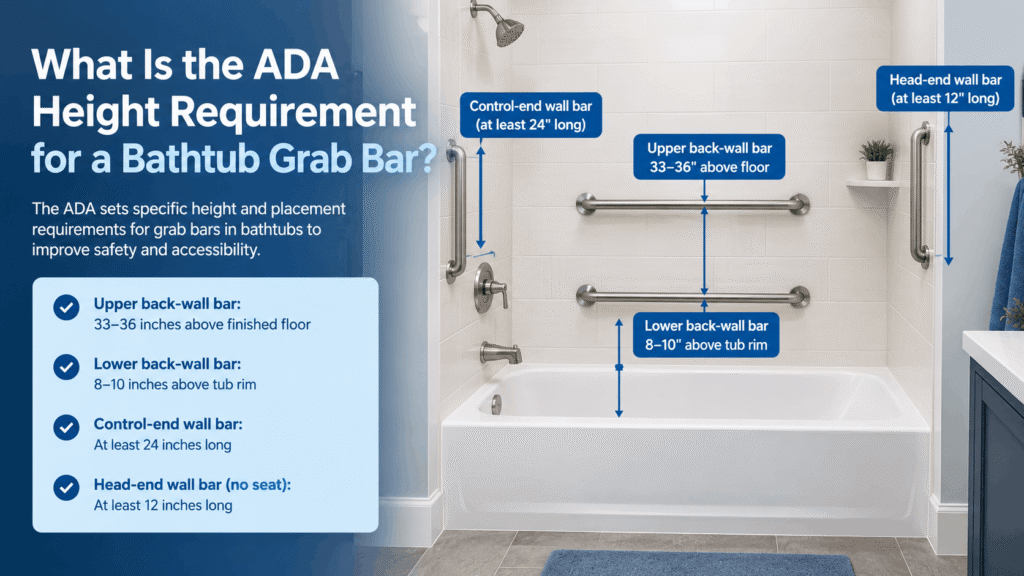 ADA bathtub grab bar height requirements showing 33–36 inch and 8–10 inch measurements