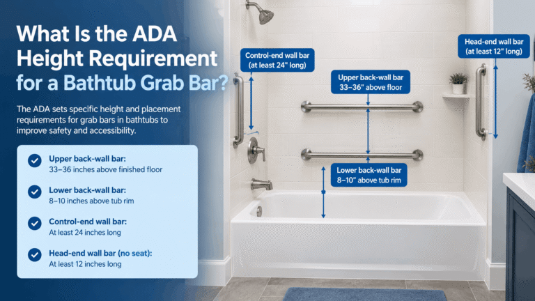 ADA bathtub grab bar height requirements showing 33–36 inch and 8–10 inch measurements