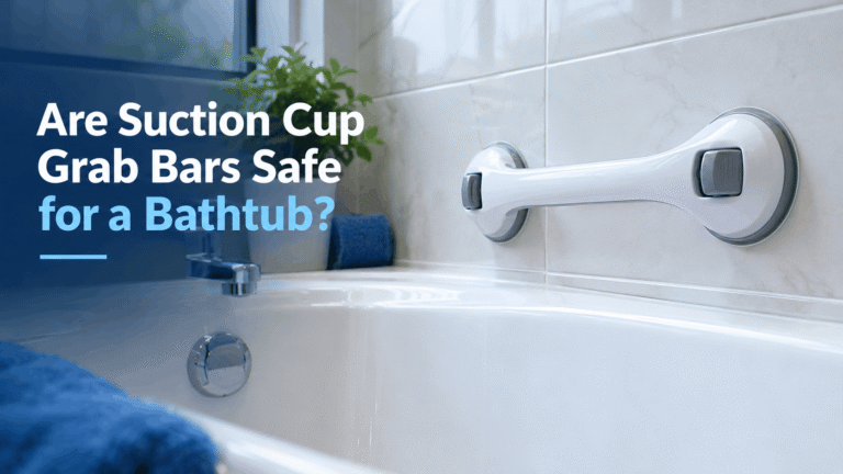 Suction cup grab bar attached to smooth bathroom tile above a bathtub