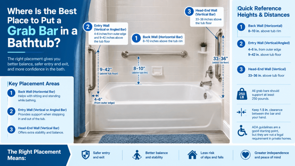 Best place to put a grab bar in a bathtub with recommended placement heights