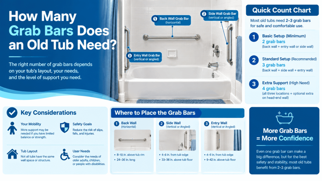How many grab bars an old bathtub needs with recommended placement options