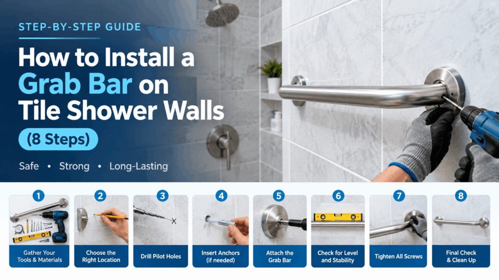 How to install a grab bar on tile shower walls using proper mounting hardware