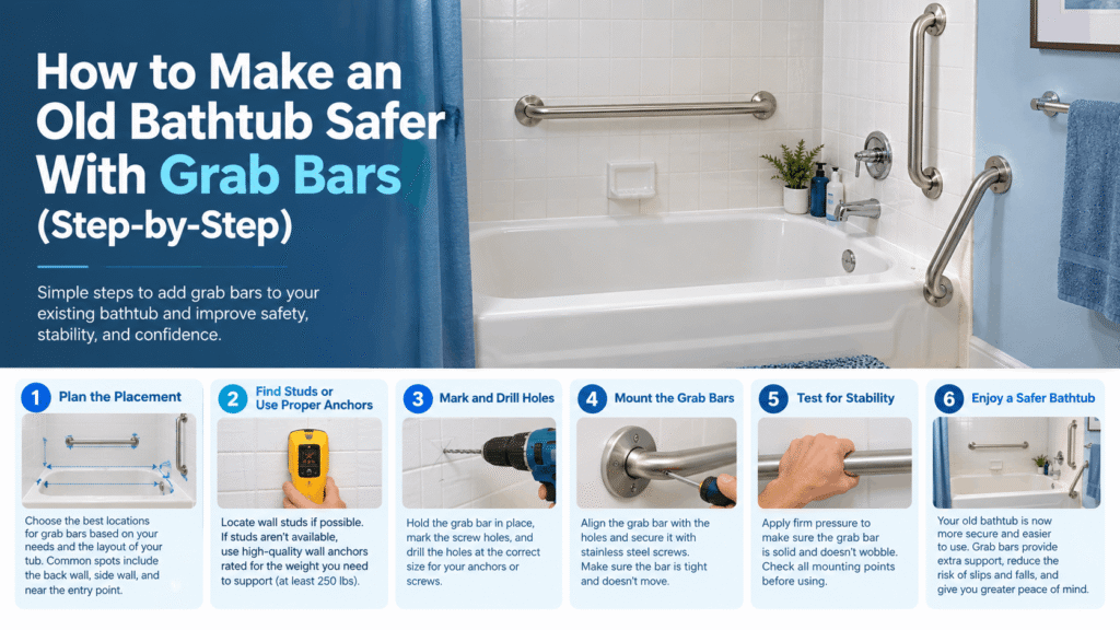 How to make an old bathtub safer with grab bars step by step