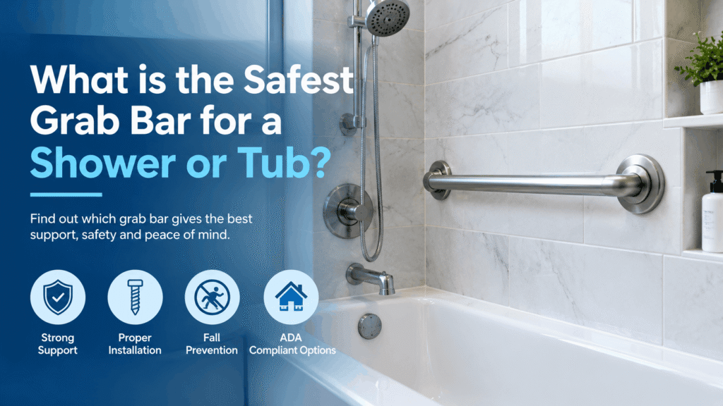 Permanently mounted stainless steel grab bar on a tiled bathtub and shower wall