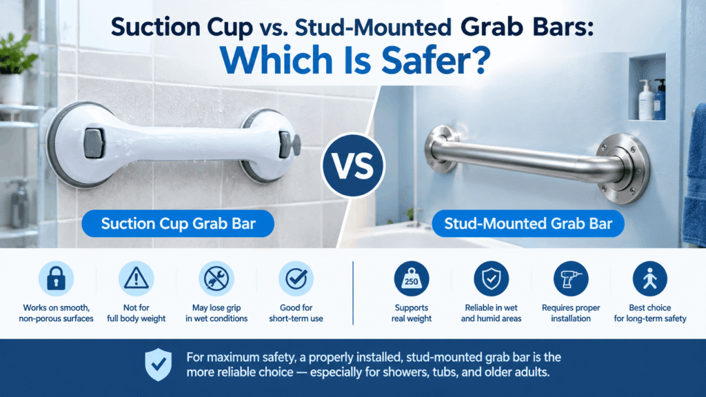Suction cup grab bar compared with a permanently stud-mounted stainless steel grab bar