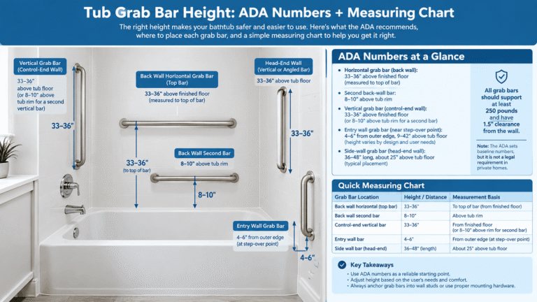 Tub grab bar height chart showing ADA measurements and bathtub grab bar placement